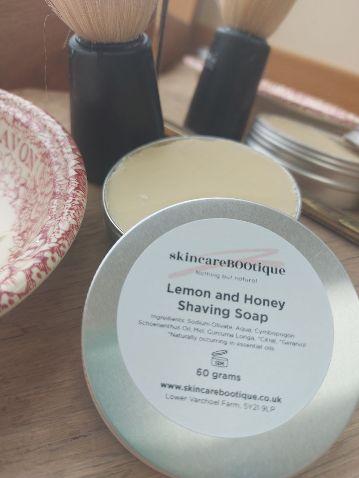 Shaving Soap Lemon and Honey High Glide Moisturising Natural Palm Oil Free Plastic Free Travel Tin